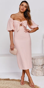 "PRETTY IN PINK" OFF-SHOULDER SWEETHEART MIDI DRESS IN BLUSH