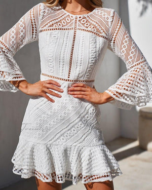 LACE EMBROIDERED LONG SLEEVE RUFFLE A-LINE MINI DRESS